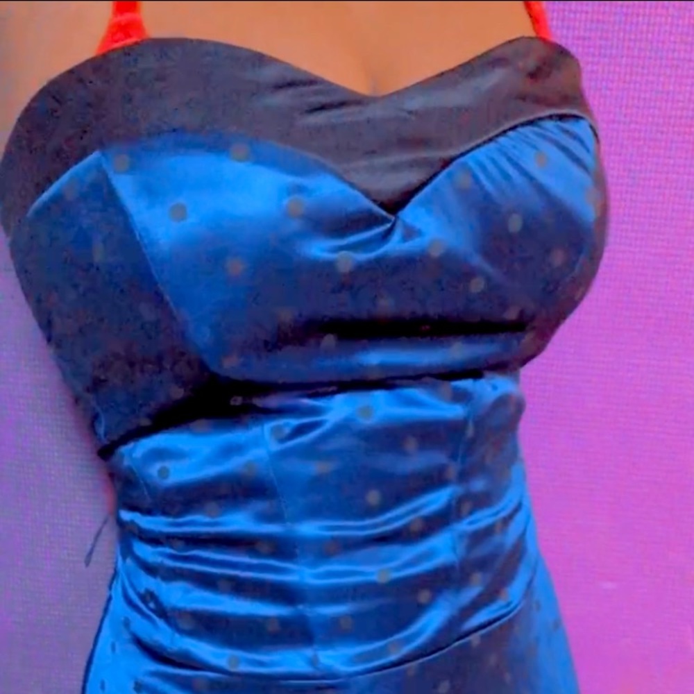 satin y2k club dress. y2k blue dress with polka